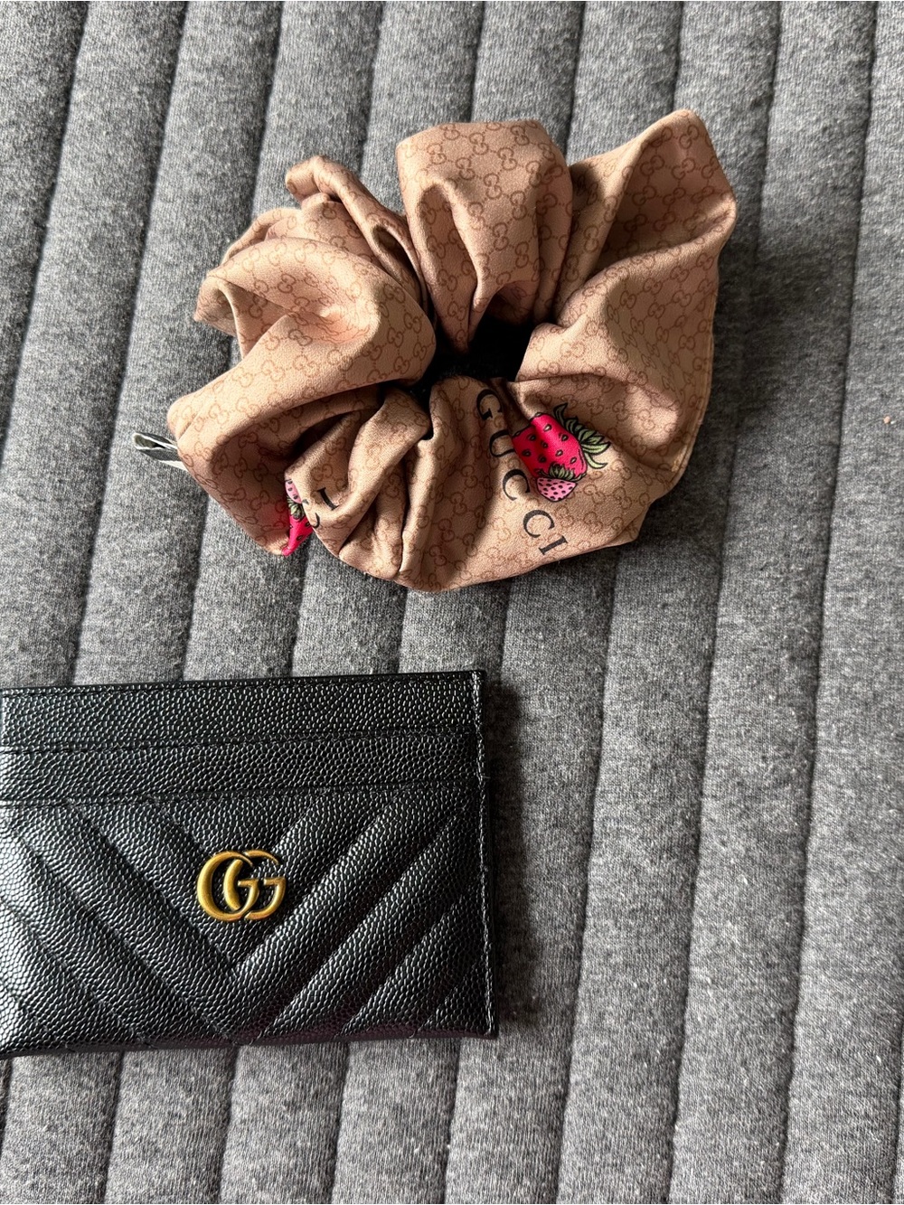 Gucci Beige GG Monogram Scrunchie with Pink Strawberry Accent